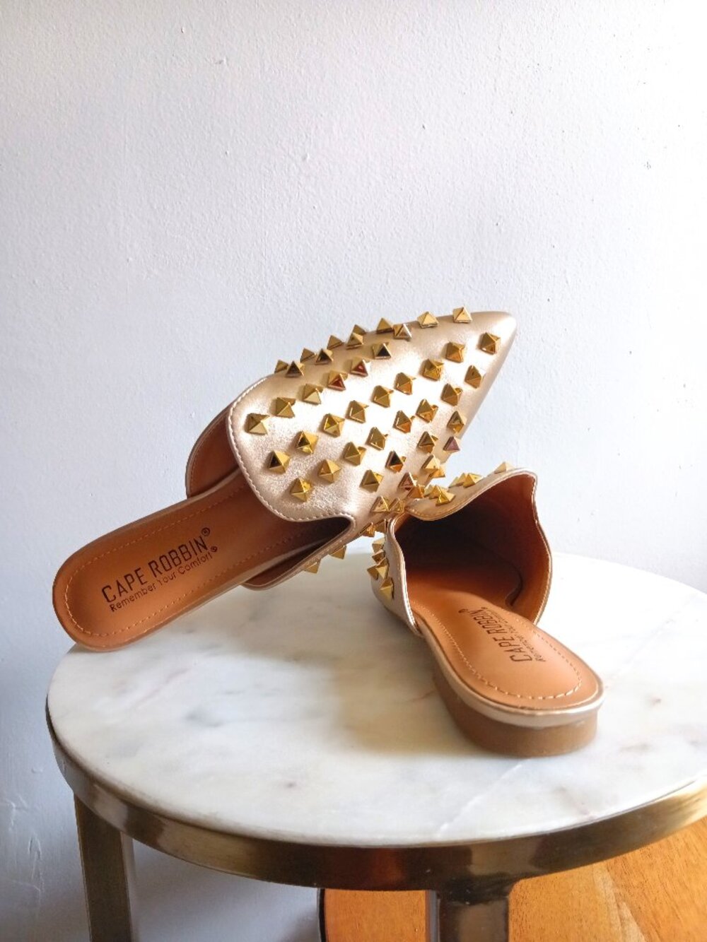 Cape Robbin Enny Gold Studded Slip On Pointed Toe Flat Mule Sandals